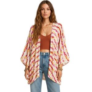 Anthropologie Kimono Pink Yellow Striped Open Bohemian Festival Vacation Top OS